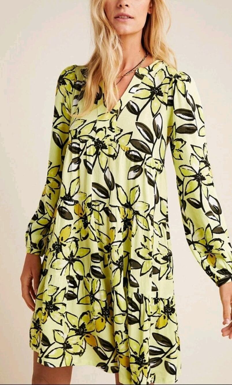 Anthropologie Maeve Yellow Floral Amber Tiered Tunic Dress, Size S